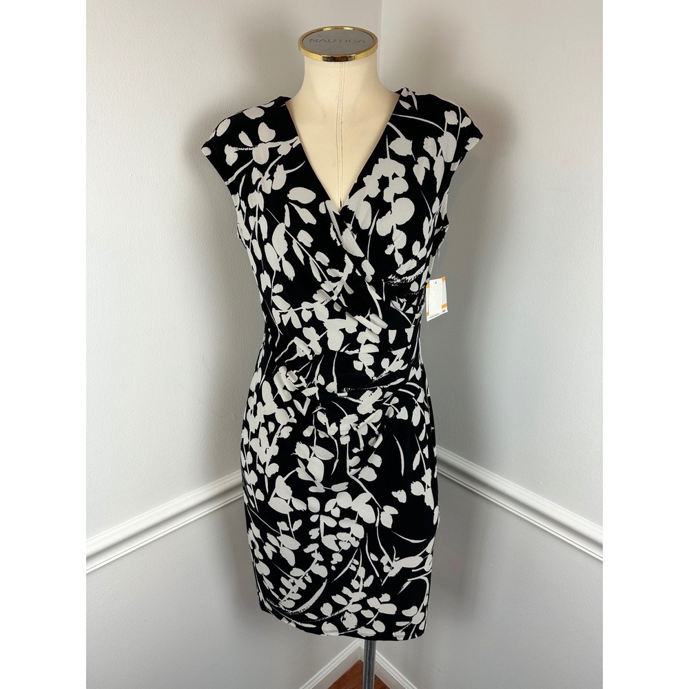 KASPER Black & Cream Side Ruched Faux-Wrap Dress Dillards NWT Small